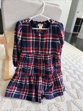 Crewcuts Navy, Red and White Plaid Tiered Long-Sleeve Dress size 5